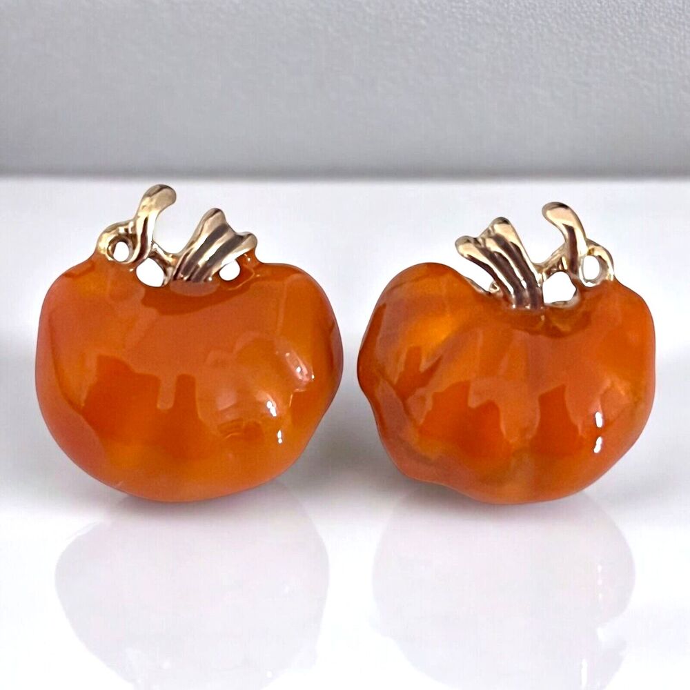 New Vintage 1980s Pumpkin Earrings Halloween Autumn Hand Enamel - 10Z